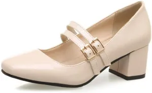 MIOKE Women's Mary Jane Pump Oxford Square Toe Patent Leather Buckle Strap Chunky Mid Heel Retro Dress Shoes