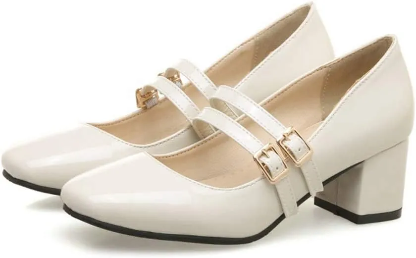 MIOKE Women's Mary Jane Pump Oxford Square Toe Patent Leather Buckle Strap Chunky Mid Heel Retro Dress Shoes