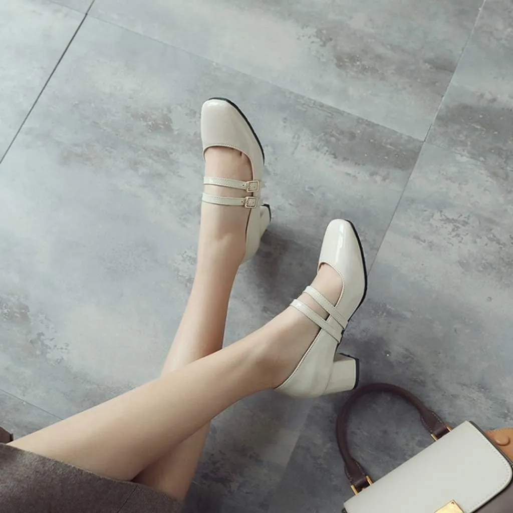 MIOKE Women's Mary Jane Pump Oxford Square Toe Patent Leather Buckle Strap Chunky Mid Heel Retro Dress Shoes