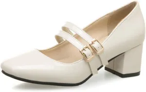 MIOKE Women's Mary Jane Pump Oxford Square Toe Patent Leather Buckle Strap Chunky Mid Heel Retro Dress Shoes