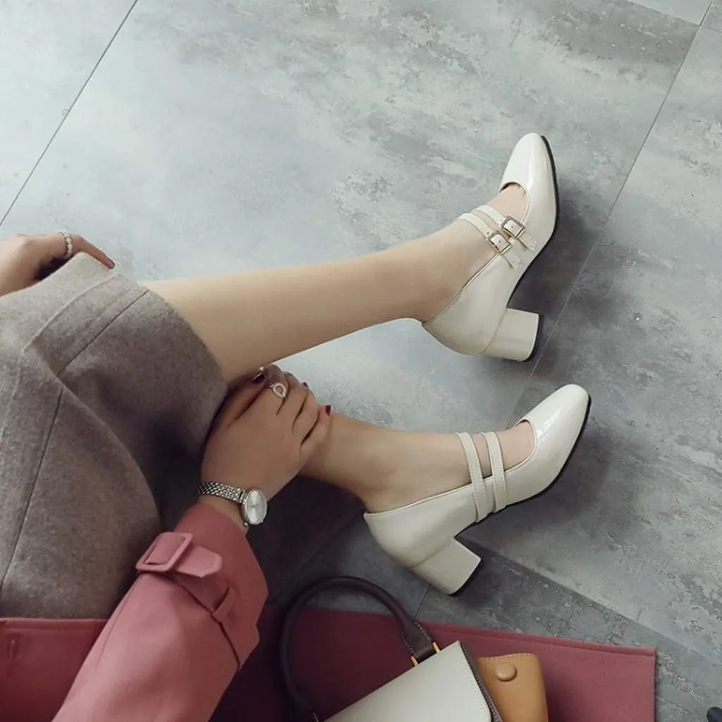 MIOKE Women's Mary Jane Pump Oxford Square Toe Patent Leather Buckle Strap Chunky Mid Heel Retro Dress Shoes
