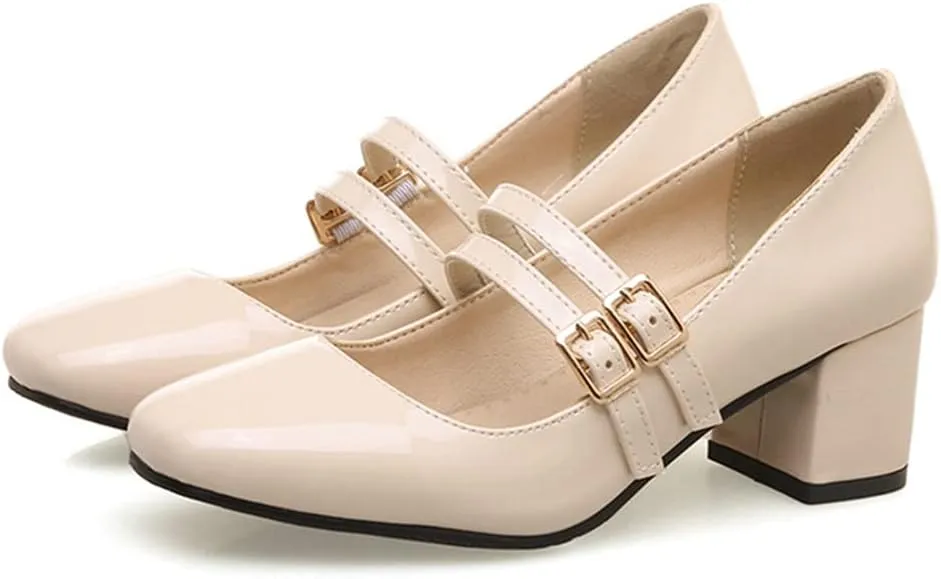 MIOKE Women's Mary Jane Pump Oxford Square Toe Patent Leather Buckle Strap Chunky Mid Heel Retro Dress Shoes
