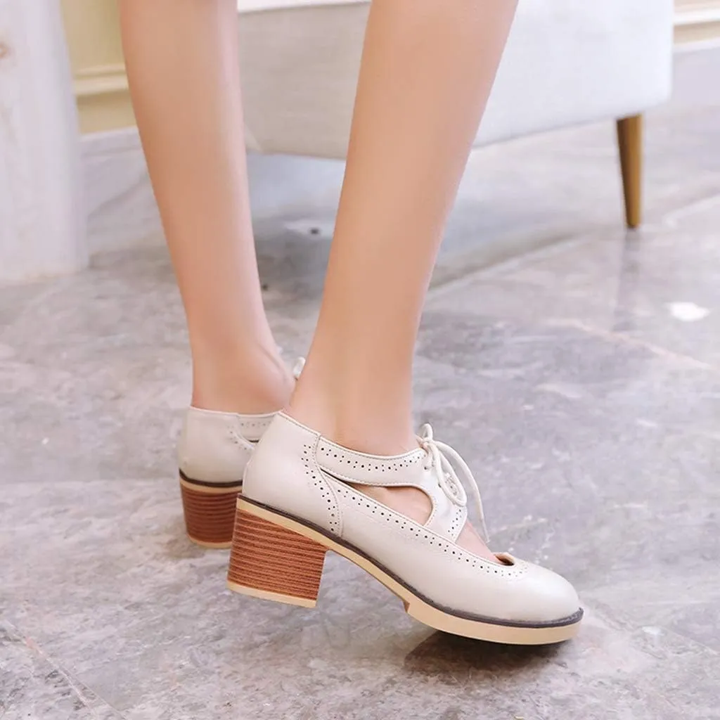 MIOKE Women's Pump Oxfords Brogues Cutout Wingtip Lace Up Chunky Block Heel Vintage Mary Jane Dress Shoes