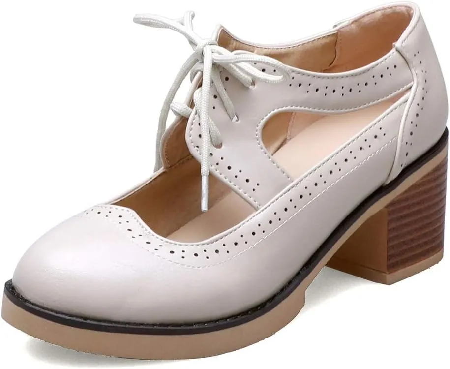 MIOKE Women's Pump Oxfords Brogues Cutout Wingtip Lace Up Chunky Block Heel Vintage Mary Jane Dress Shoes