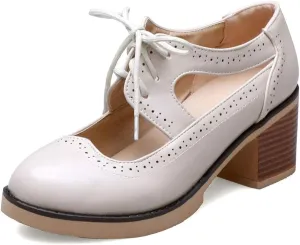 MIOKE Women's Pump Oxfords Brogues Cutout Wingtip Lace Up Chunky Block Heel Vintage Mary Jane Dress Shoes