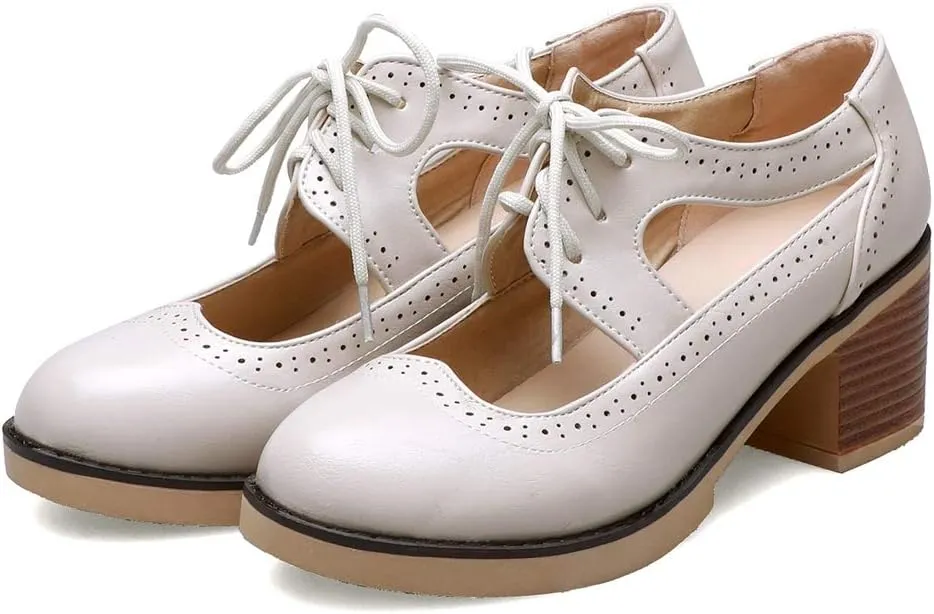 MIOKE Women's Pump Oxfords Brogues Cutout Wingtip Lace Up Chunky Block Heel Vintage Mary Jane Dress Shoes