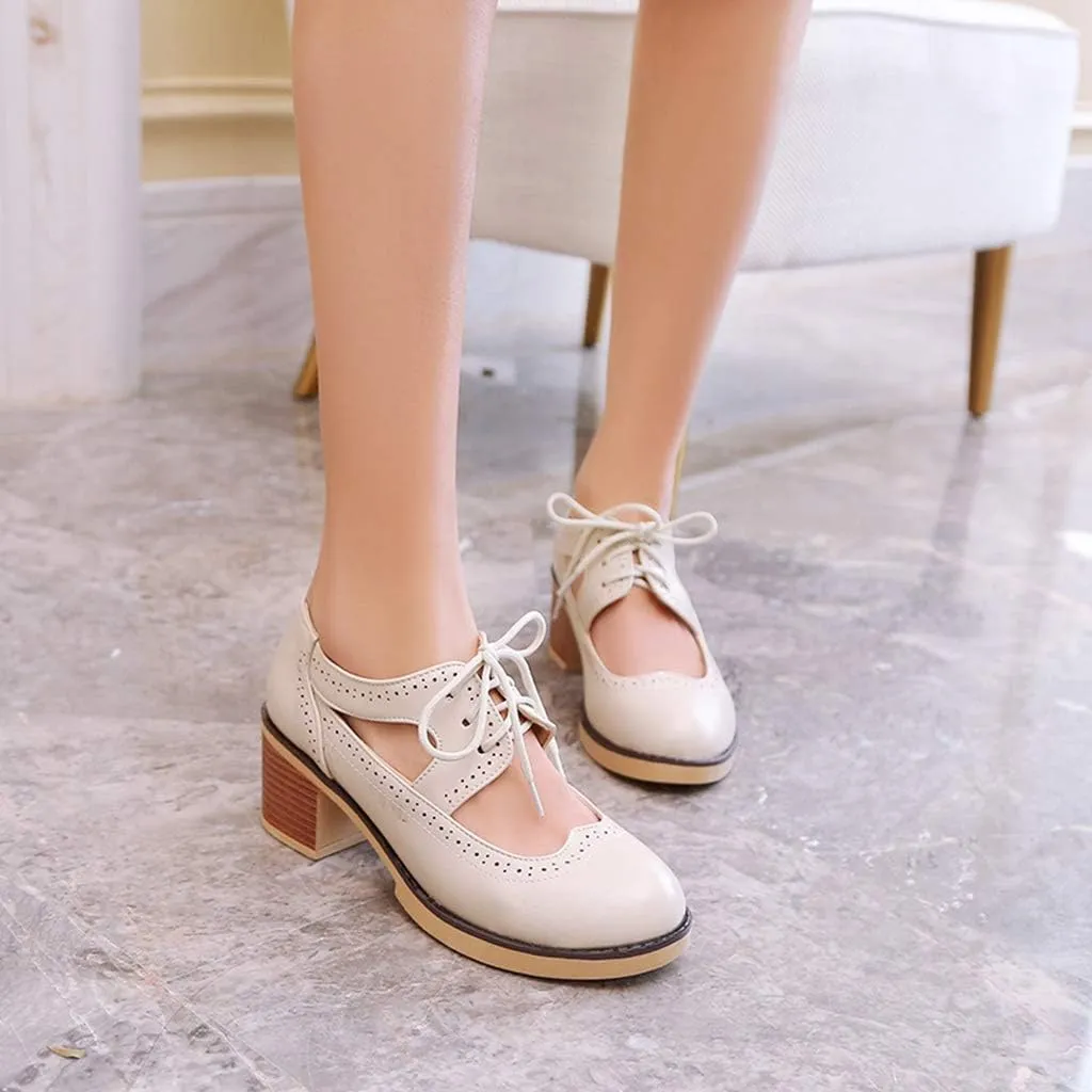 MIOKE Women's Pump Oxfords Brogues Cutout Wingtip Lace Up Chunky Block Heel Vintage Mary Jane Dress Shoes