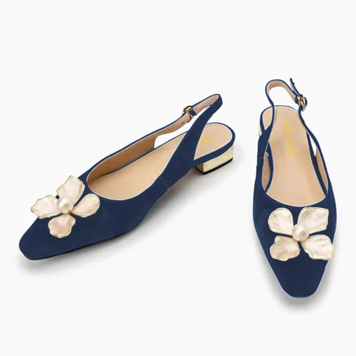 miss left Women Elegant Pearl Flower Closed Toe Slingback Pumps Block Low Heel Backstrap Buckle Daily Office Dress Shoes Size 4-16 US