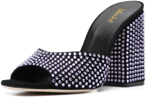 miss left Women Gorgeous Studded Rhinestone Open Toe Slide Sandals Chunky Block High Heel Slip on Mules Shiny Prom Club Shoes Size 4-16 US