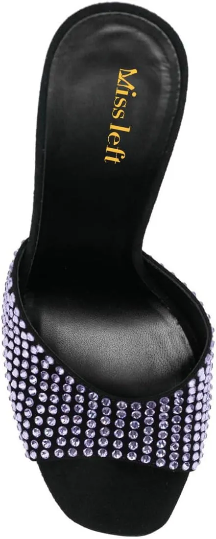 miss left Women Gorgeous Studded Rhinestone Open Toe Slide Sandals Chunky Block High Heel Slip on Mules Shiny Prom Club Shoes Size 4-16 US
