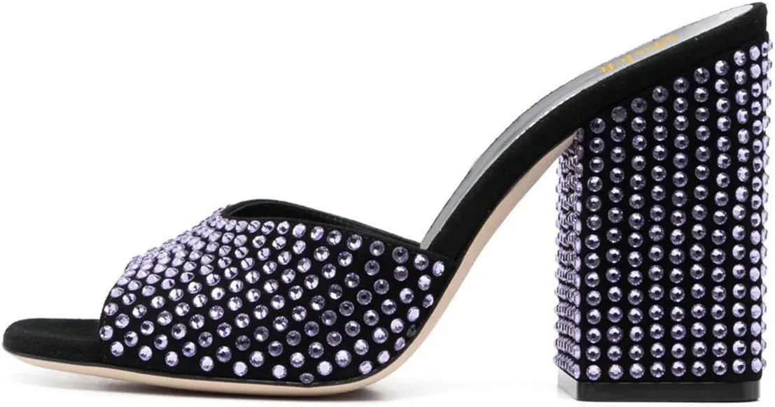 miss left Women Gorgeous Studded Rhinestone Open Toe Slide Sandals Chunky Block High Heel Slip on Mules Shiny Prom Club Shoes Size 4-16 US
