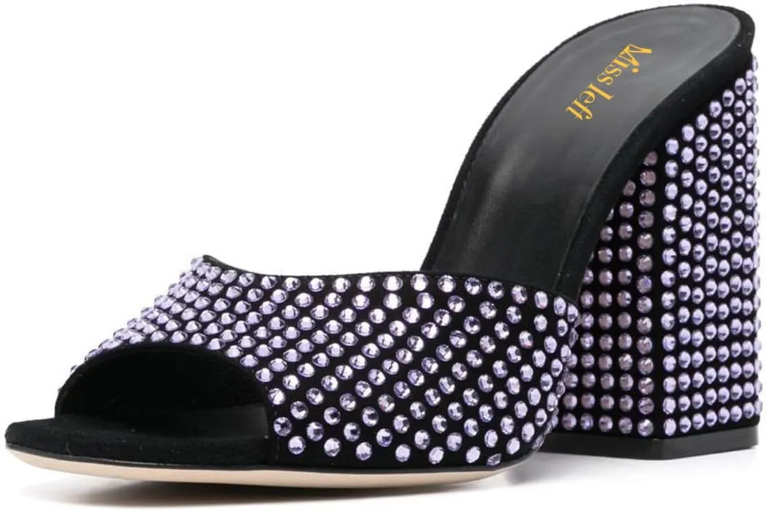 miss left Women Gorgeous Studded Rhinestone Open Toe Slide Sandals Chunky Block High Heel Slip on Mules Shiny Prom Club Shoes Size 4-16 US
