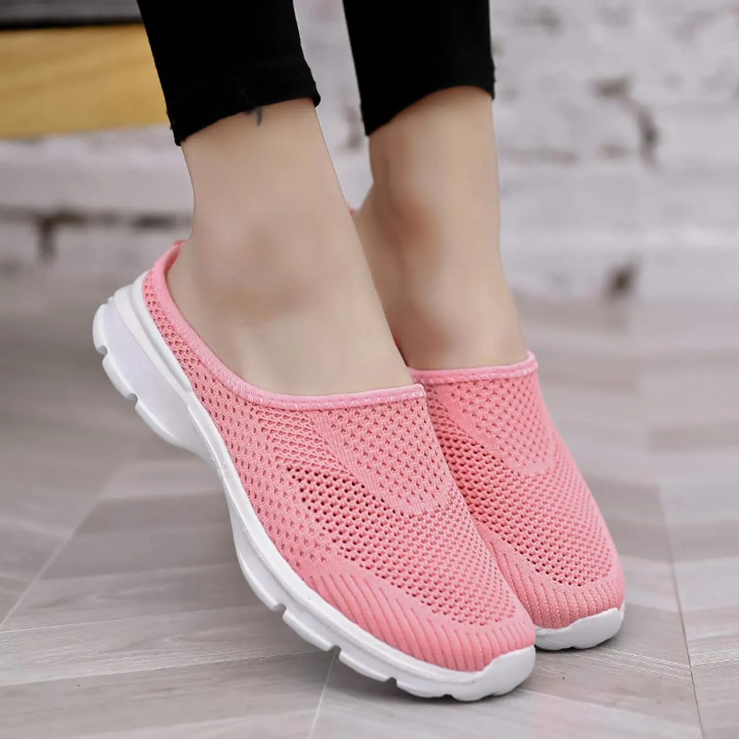 Mmoneyake Mules for Women Shoes Slip On Sneakers Lightweight Breathable Comfortable Walking Shoes Knit Flats Light Open Back Shoe Closed Toe Slides Mesh Air Cushion Orthopedic Diabetic Shoe