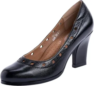 Mona flying Women's Leather Closed Round Toe 3 inch Chunky High Heel Pumps Office Work Dress Shoes for Ladies