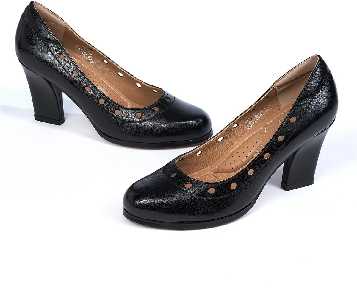 Mona flying Women's Leather Closed Round Toe 3 inch Chunky High Heel Pumps Office Work Dress Shoes for Ladies