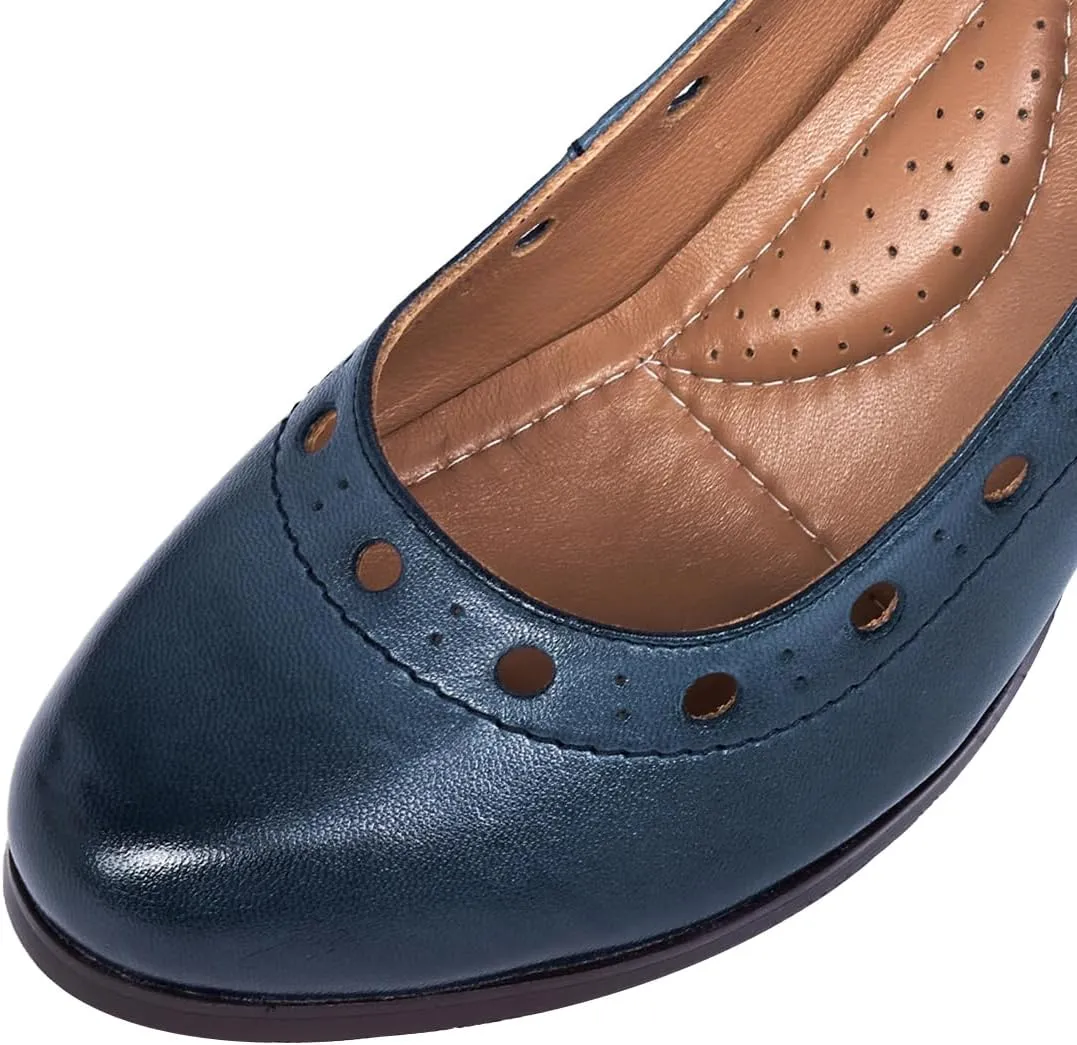 Mona flying Women's Leather Closed Round Toe 3 inch Chunky High Heel Pumps Office Work Dress Shoes for Ladies