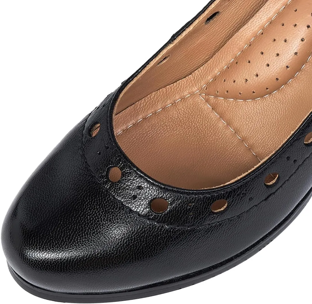Mona flying Women's Leather Closed Round Toe 3 inch Chunky High Heel Pumps Office Work Dress Shoes for Ladies