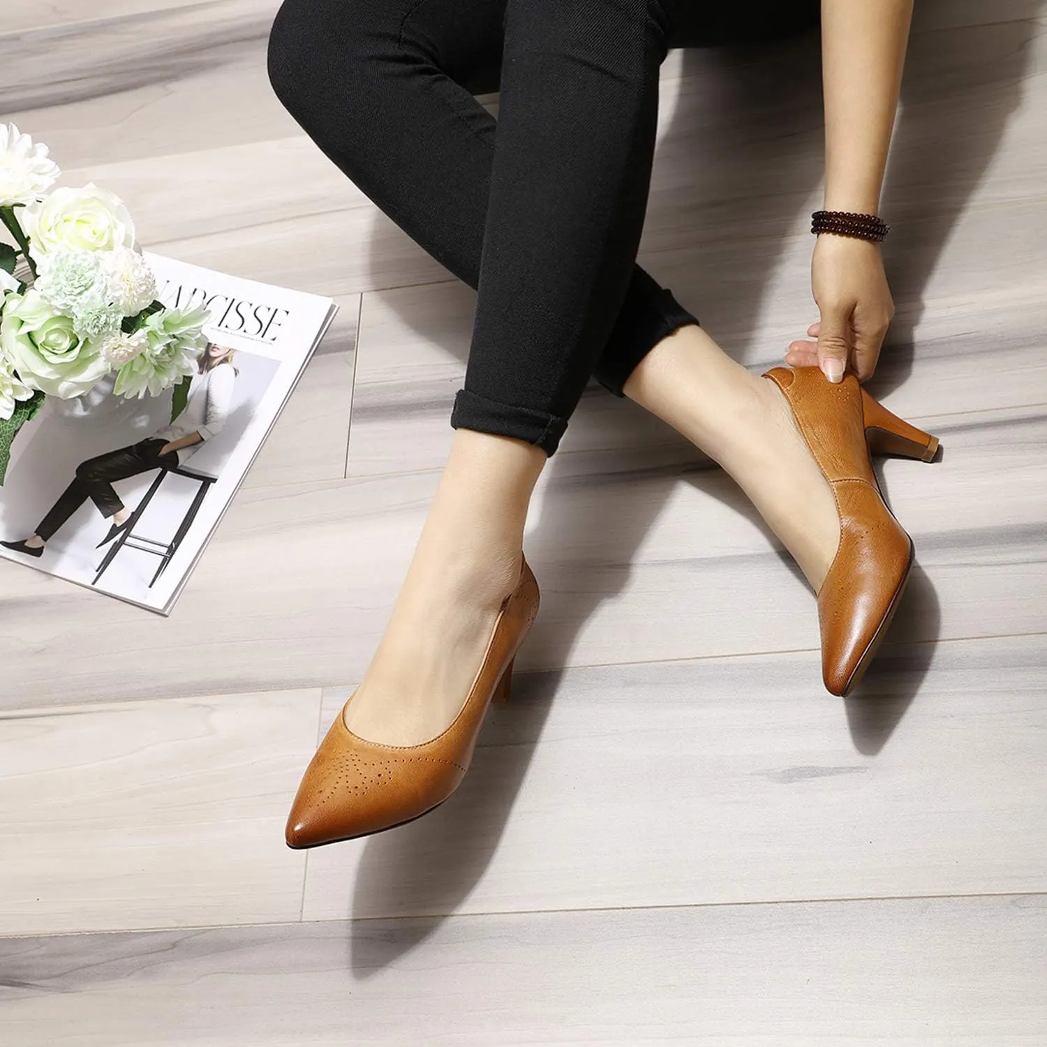 Mona flying Women's Leather Comfort Closed Pointed Toe Pumps Womens High Heels Work Office Dress Shoes for Ladies