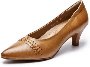 Mona flying Women's Leather Pump Med Heel Pointed Toe Office Dress Shoes for Ladies