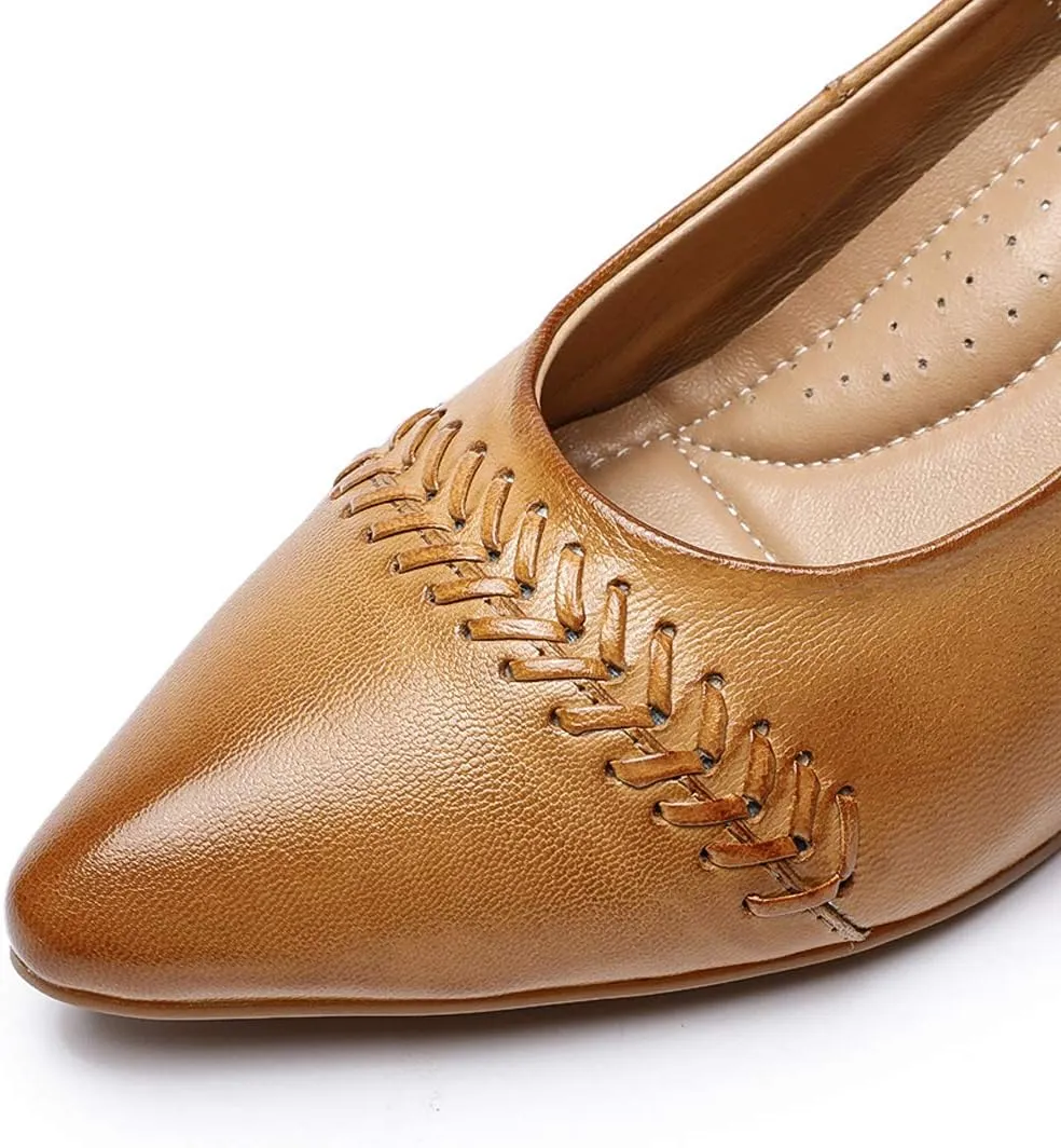 Mona flying Women's Leather Pump Med Heel Pointed Toe Office Dress Shoes for Ladies