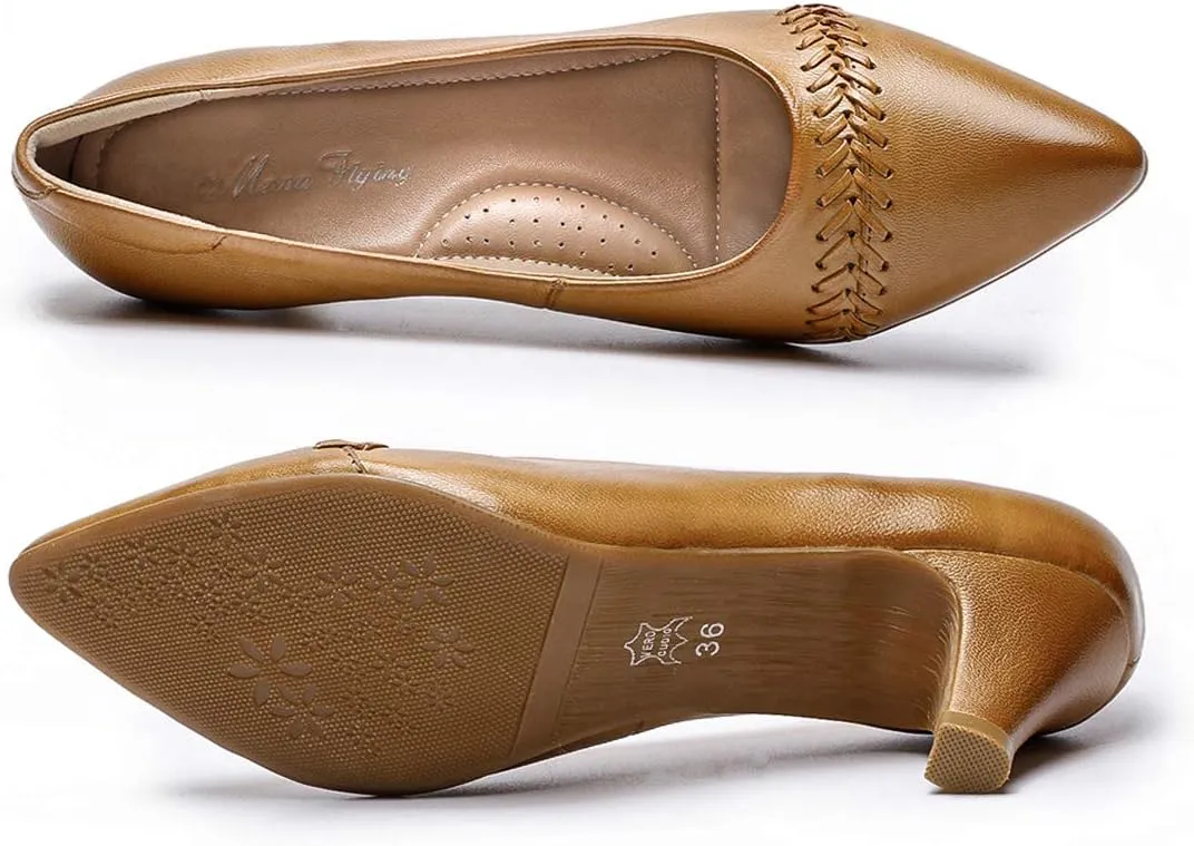 Mona flying Women's Leather Pump Med Heel Pointed Toe Office Dress Shoes for Ladies