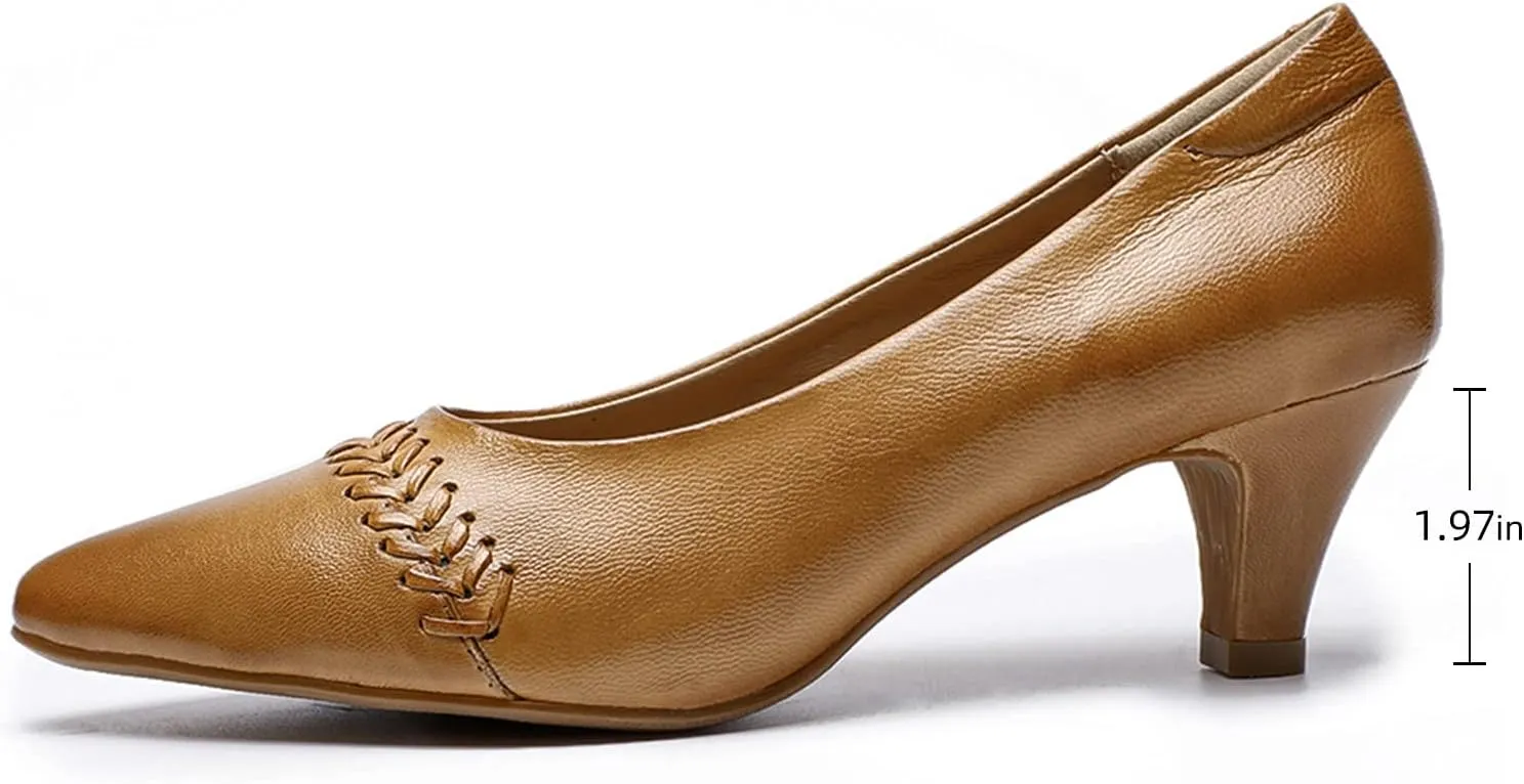 Mona flying Women's Leather Pump Med Heel Pointed Toe Office Dress Shoes for Ladies
