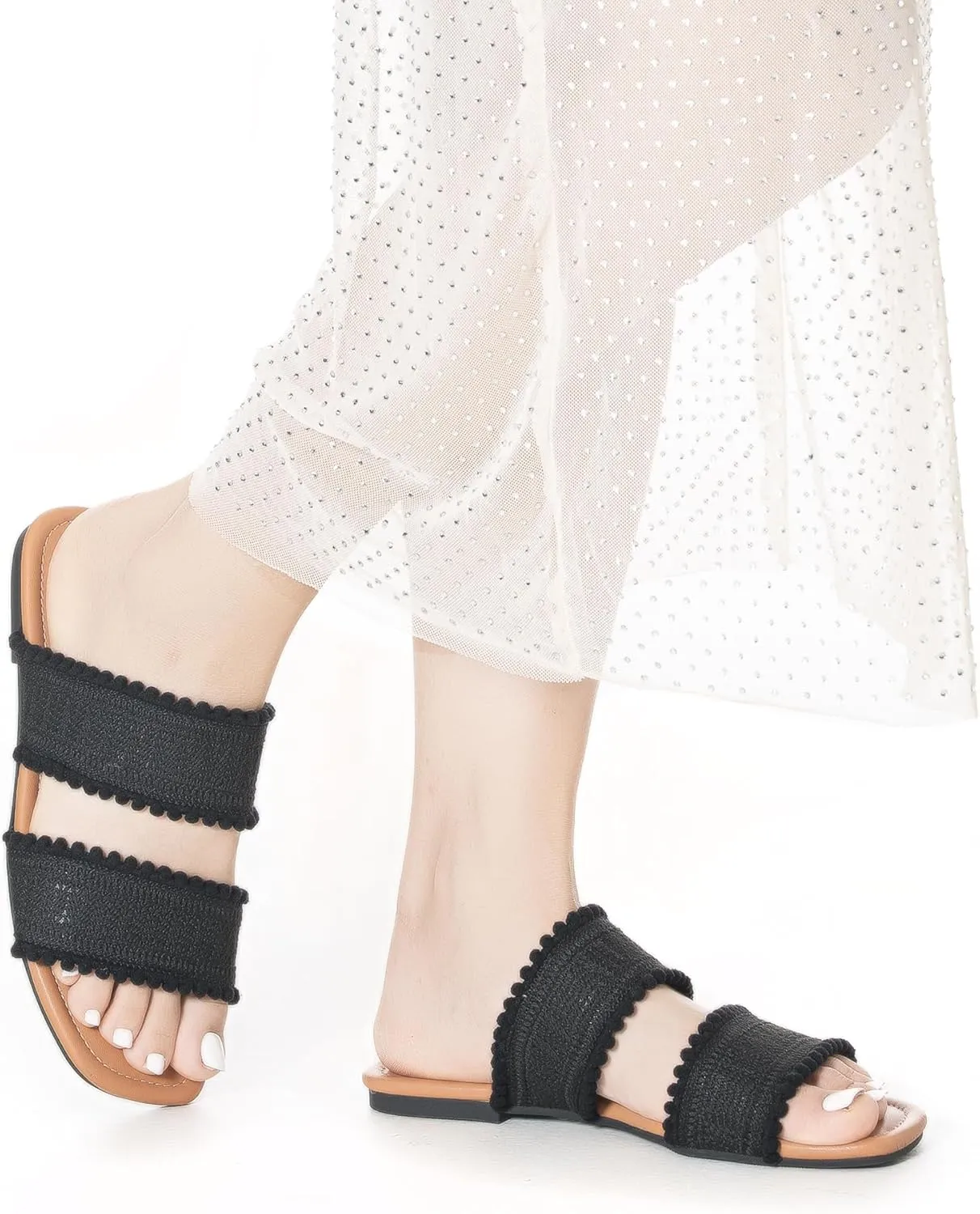 Mtzyoa Women's Sandals Casual Braided Dressy Summer Square Toe Quilted Flat Sandals