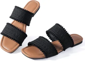 Mtzyoa Women's Sandals Casual Braided Dressy Summer Square Toe Quilted Flat Sandals