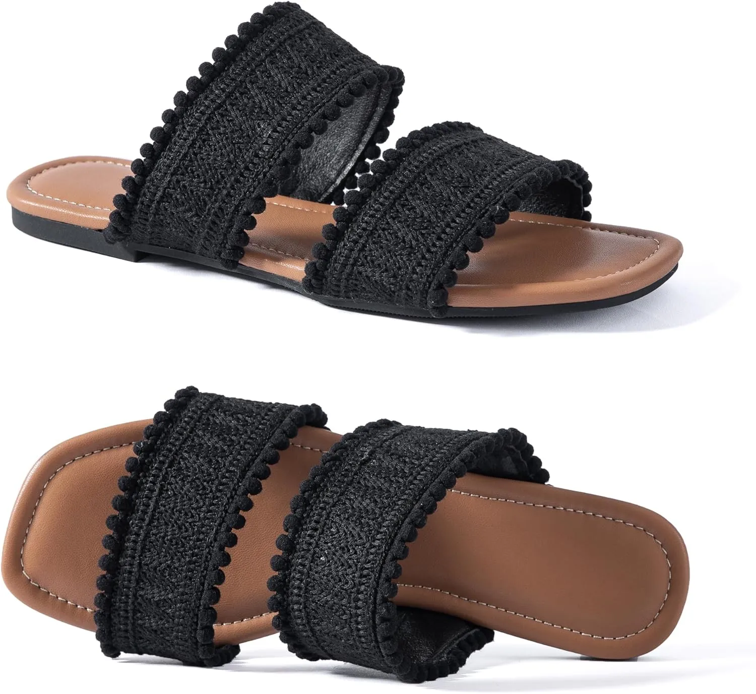 Mtzyoa Women's Sandals Casual Braided Dressy Summer Square Toe Quilted Flat Sandals