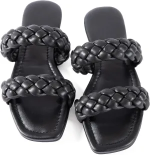 Mtzyoa Women's Sandals Casual Braided Dressy Summer Square Toe Quilted Flat Sandals