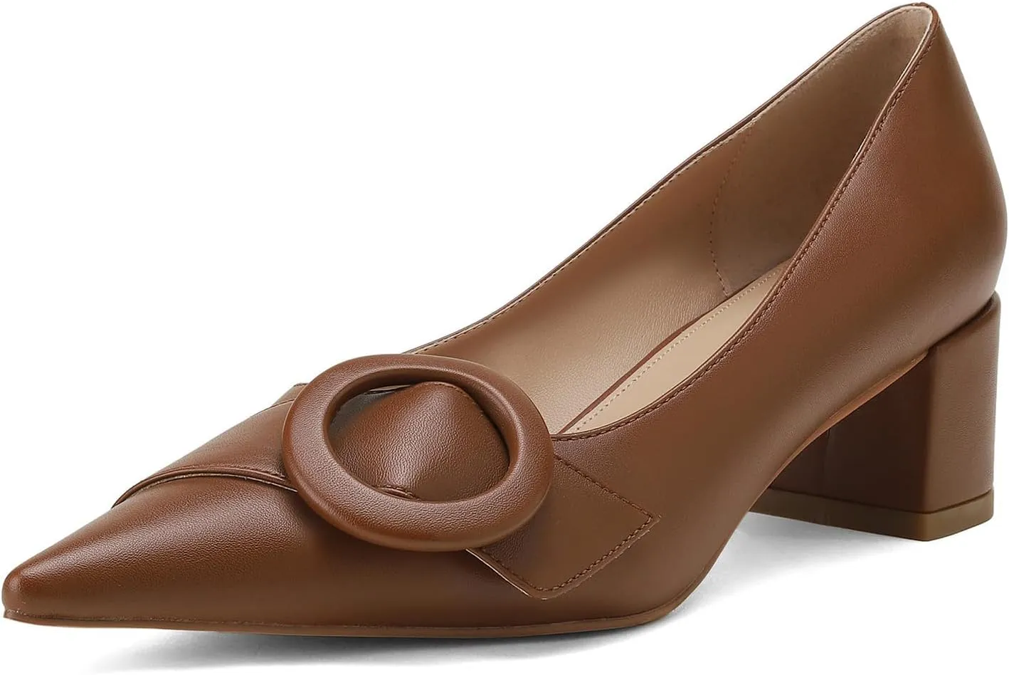 MUCCCUTE Chunky Heels for Women Closed Pointed Toe Pump 2'' Low Block Heels Fashion Round Buckle Dress Work Pumps