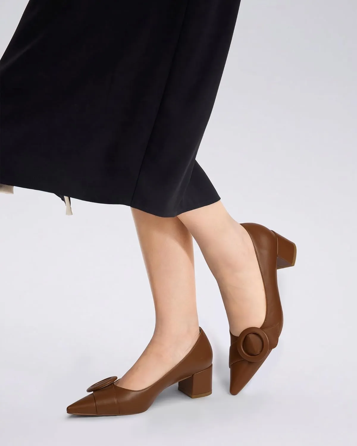 MUCCCUTE Chunky Heels for Women Closed Pointed Toe Pump 2'' Low Block Heels Fashion Round Buckle Dress Work Pumps