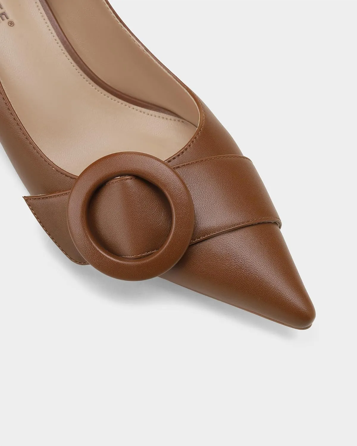 MUCCCUTE Chunky Heels for Women Closed Pointed Toe Pump 2'' Low Block Heels Fashion Round Buckle Dress Work Pumps