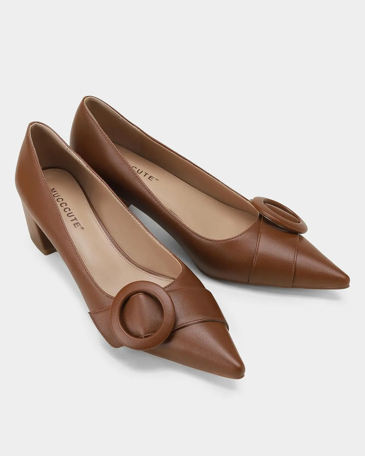 MUCCCUTE Chunky Heels for Women Closed Pointed Toe Pump 2'' Low Block Heels Fashion Round Buckle Dress Work Pumps