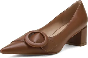 MUCCCUTE Chunky Heels for Women Closed Pointed Toe Pump 2'' Low Block Heels Fashion Round Buckle Dress Work Pumps