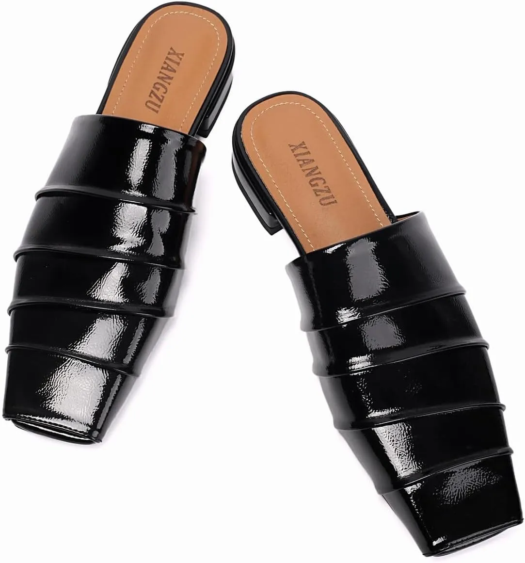 Mules for Women Square Peep Toe Comfortable Casual Backless Slip On Flat Dress Shoes