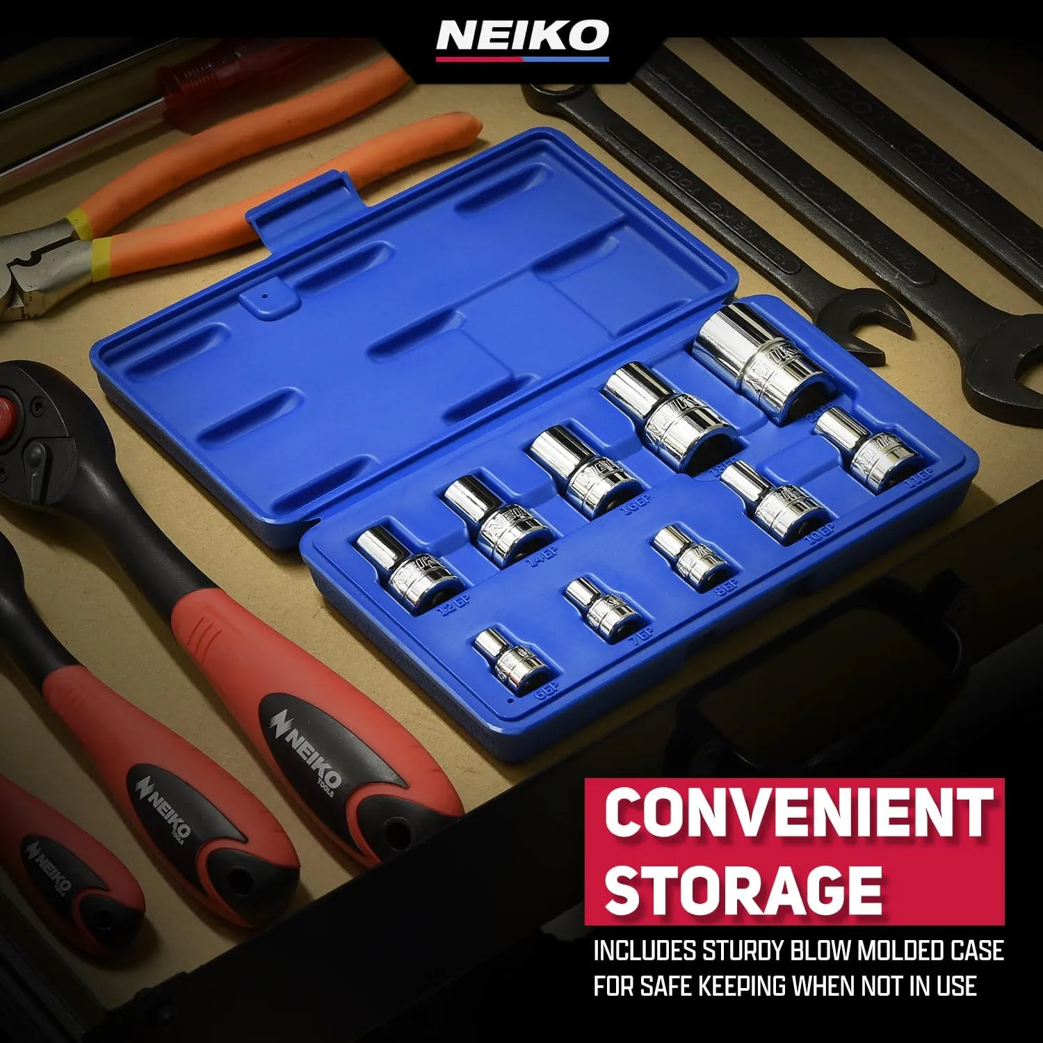NEIKO 04300A E-Torx Socket Set, 14 Piece, External Torx, E4 to E24, 1/4", 3/8" and 1/2" Drive, Female Star, Inverted Socket Set, Cr-V Steel