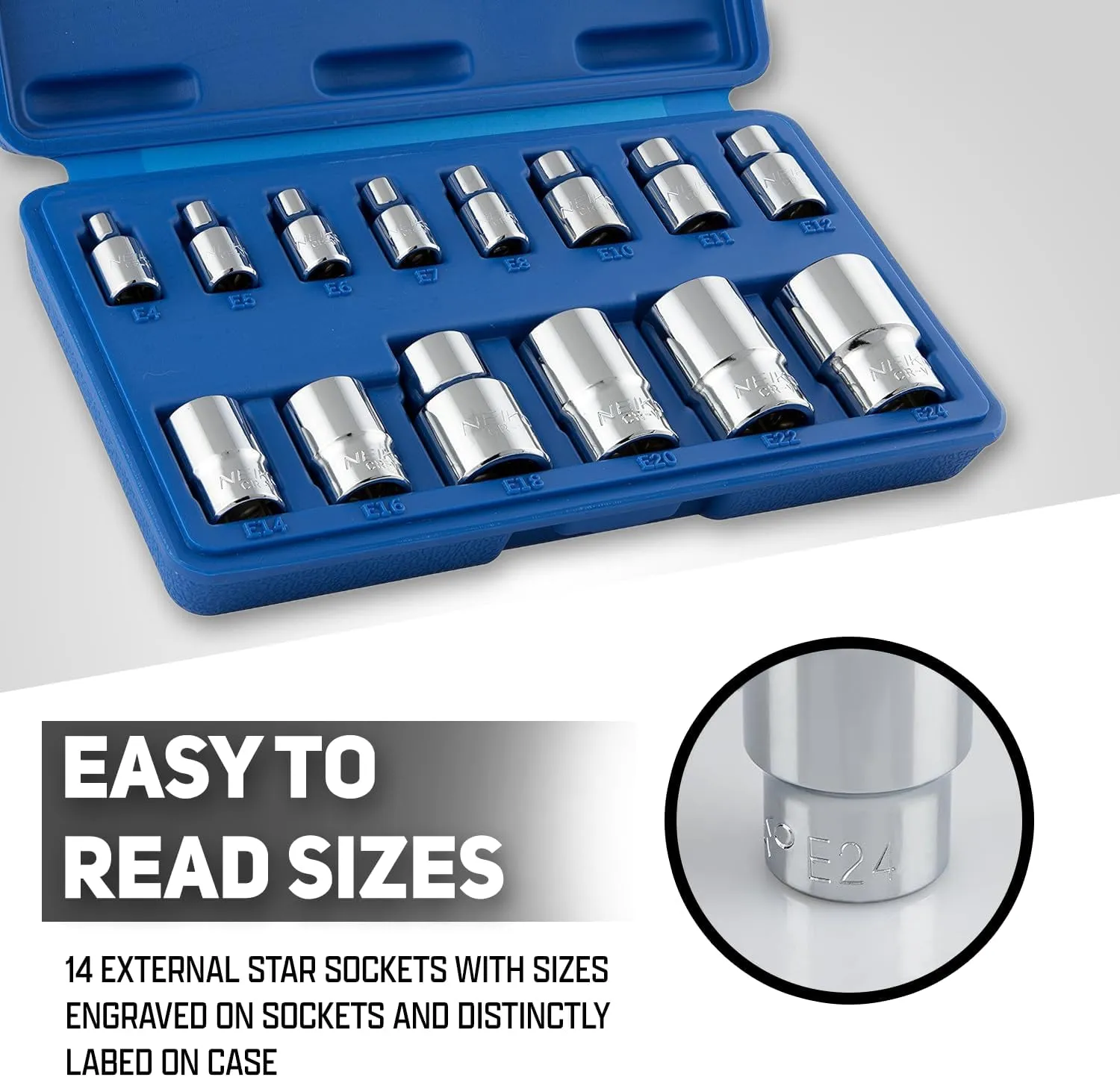 NEIKO 04300A E-Torx Socket Set, 14 Piece, External Torx, E4 to E24, 1/4", 3/8" and 1/2" Drive, Female Star, Inverted Socket Set, Cr-V Steel