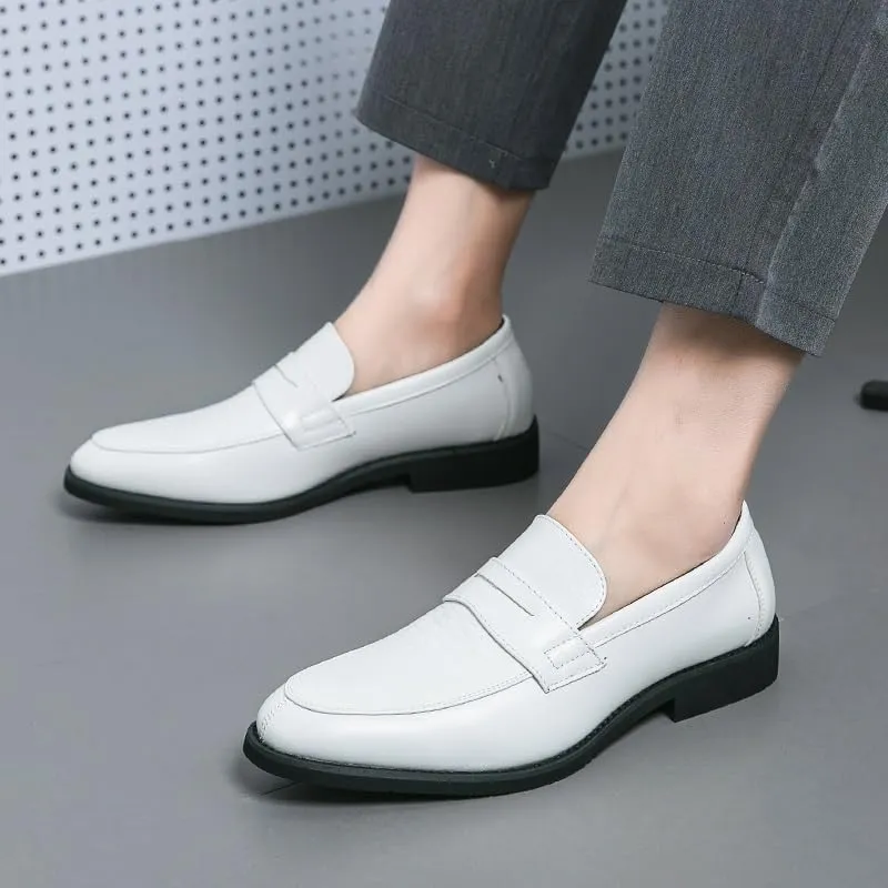 New Dress Formal Shoes for Men Slip On Round Toe Two Tone Patchwork PU Leather Loafer Rubber Sole Anti-Slip Block Heel Walking