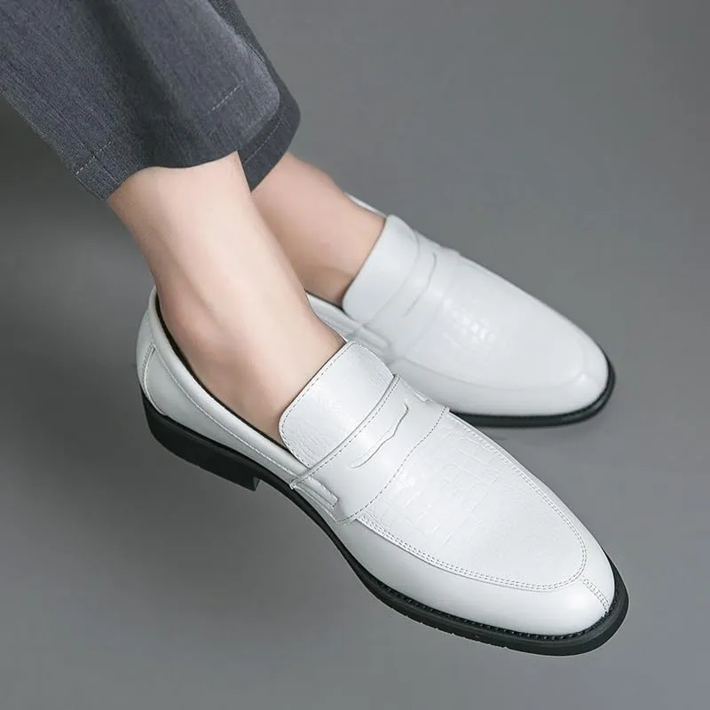 New Dress Formal Shoes for Men Slip On Round Toe Two Tone Patchwork PU Leather Loafer Rubber Sole Anti-Slip Block Heel Walking