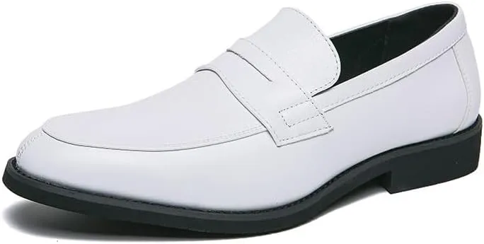 New Dress Formal Shoes for Men Slip On Round Toe Two Tone Patchwork PU Leather Loafer Rubber Sole Anti-Slip Block Heel Walking