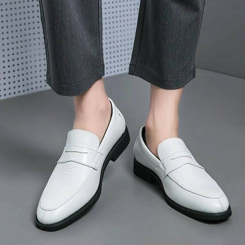 New Dress Formal Shoes for Men Slip On Round Toe Two Tone Patchwork PU Leather Loafer Rubber Sole Anti-Slip Block Heel Walking