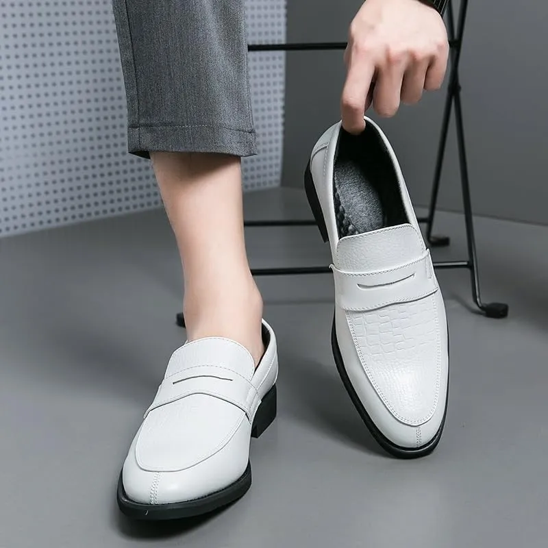 New Dress Formal Shoes for Men Slip On Round Toe Two Tone Patchwork PU Leather Loafer Rubber Sole Anti-Slip Block Heel Walking