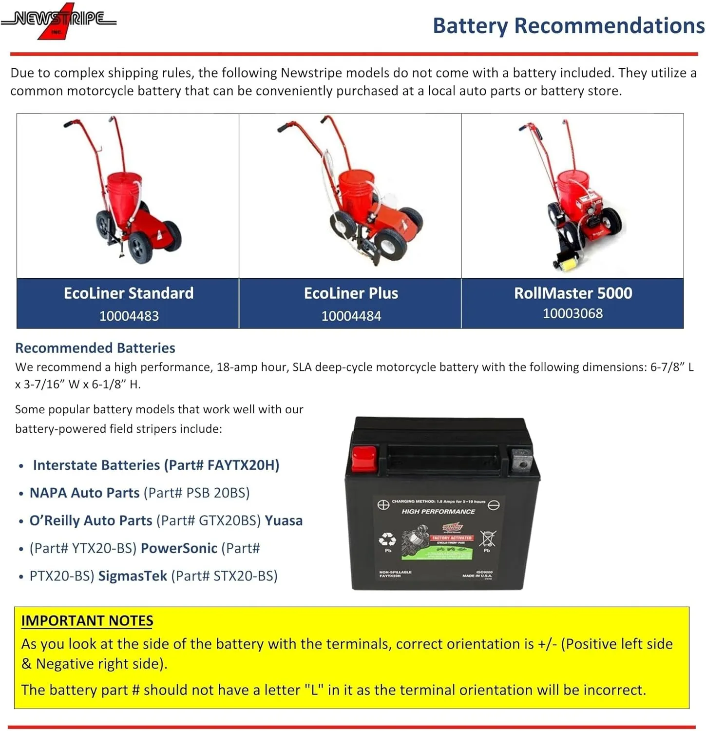Newstripe EcoLiner Standard Battery Powered Field Striping Machine (Part# 10004483) | Heavy Duty Diaphragm Pump, 12V Deep Cycle Battery, Cushioned Dual Handles | 5-Gallon Capacity | Made in USA