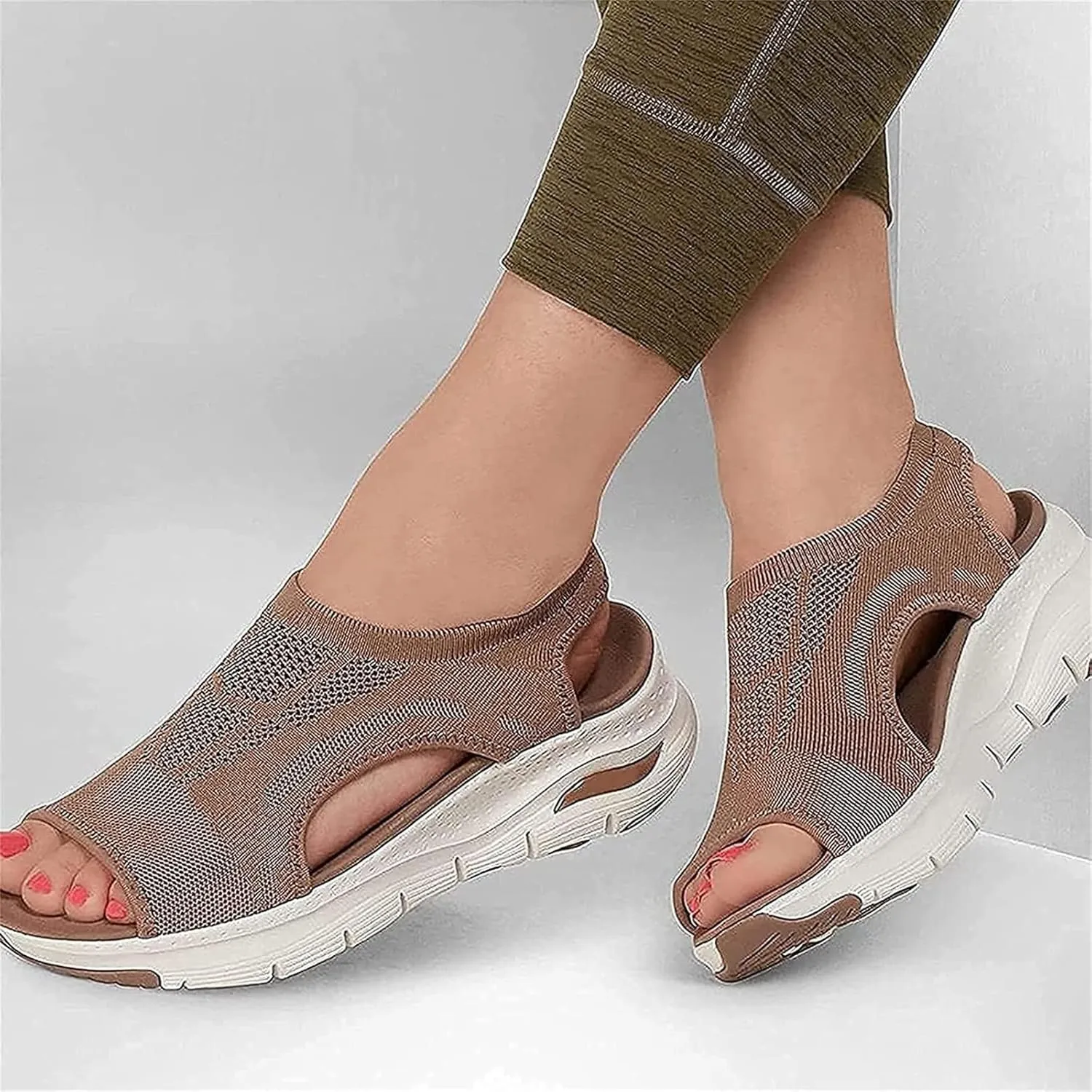 OMIREL Womens Slingback Orthopedic Slide Sandals Mesh Platform Sandals Soft Sole Peep Toe Casual Womens Sandals Ankle Strap Low Heel Sandals,Brown,US12/EU43