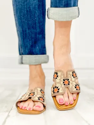 Open Square Toe Crochet Slide Flat Sandals in Tan Multi