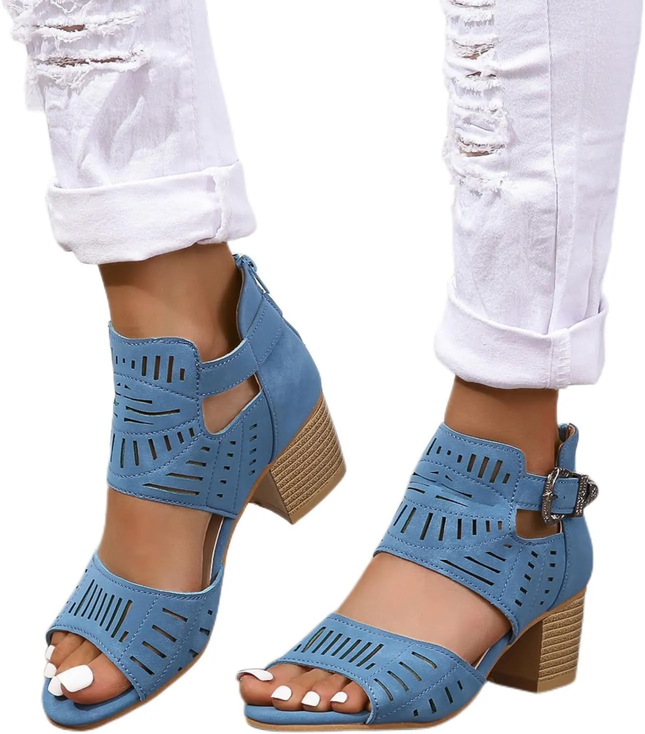 Orthopedic Sandals for Women Breathable Hollow Out Slip On Sandals Open Toe Slingback Middle Heel Sandal With Ankle Strap Metal Buckle Concise Casual Summer Shoes