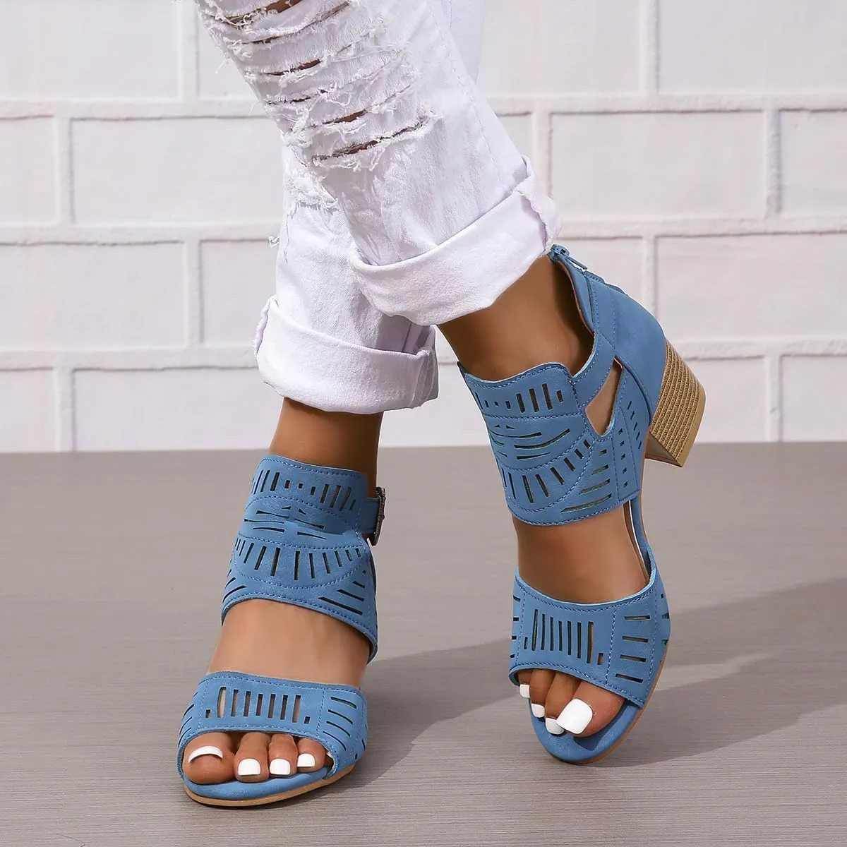 Orthopedic Sandals for Women Breathable Hollow Out Slip On Sandals Open Toe Slingback Middle Heel Sandal With Ankle Strap Metal Buckle Concise Casual Summer Shoes