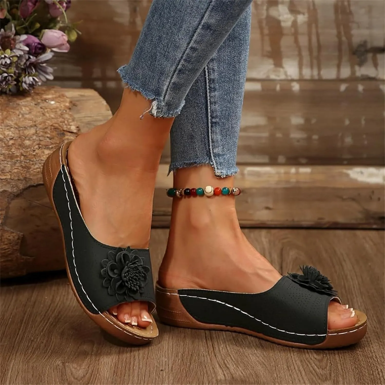 Orthopedic Sandals for Womens Chic Flowers Dressy Wedge Comfort Platform Sandal Arch Support Peep Open Toe Sandals Summer Fashion Flower Slippers Shoes Casual Slip On Comfortable Shoe