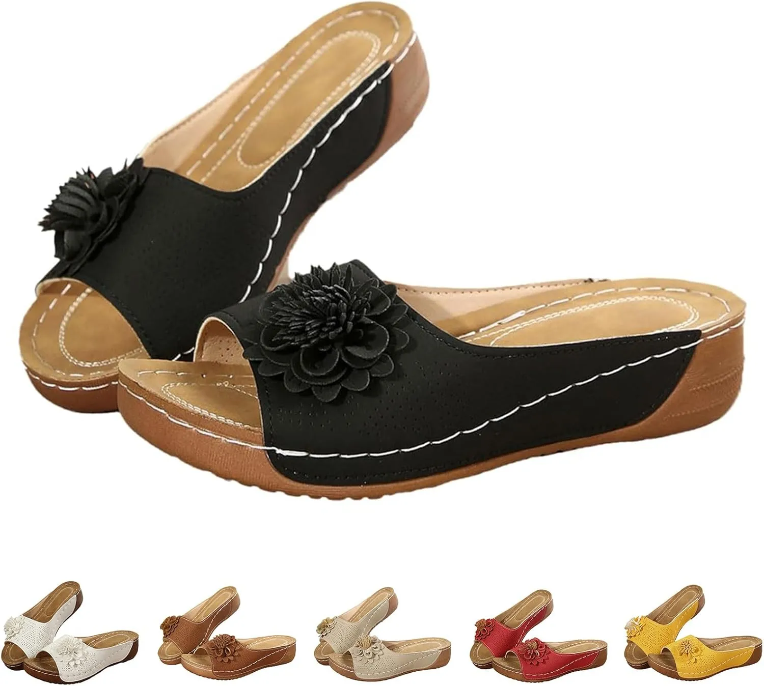 Orthopedic Sandals for Womens Chic Flowers Dressy Wedge Comfort Platform Sandal Arch Support Peep Open Toe Sandals Summer Fashion Flower Slippers Shoes Casual Slip On Comfortable Shoe